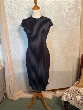 Wardrobe Classic Navy Pinstripe Sheath Dress - Elegant Women's Workwear Size L